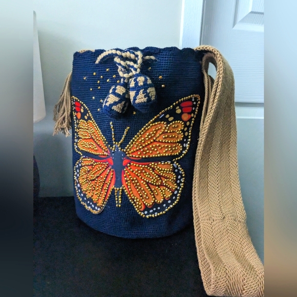 SOLD!  Wayuu Bag Golden Butterfly/ Dark Blue/ Camel/ Handmade Bag/ - Picture 5 of 10